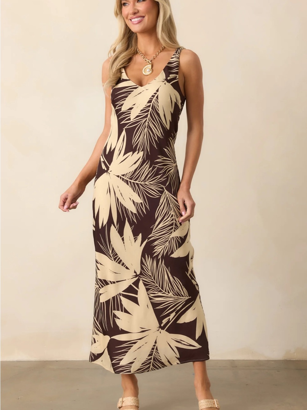 Z Supply Hana Palmera Brown Maxi Dress with Cream Tropical Leaf Print